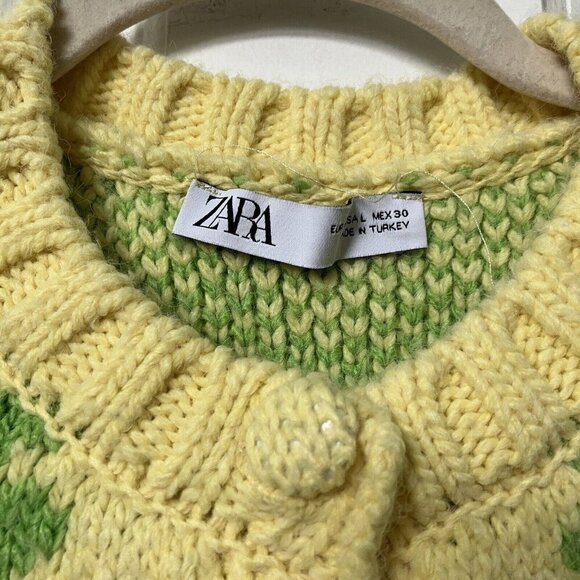 Zara Yellow Floral Funky Knit Retro Cardigan Womens Large - Picture 3 of 5